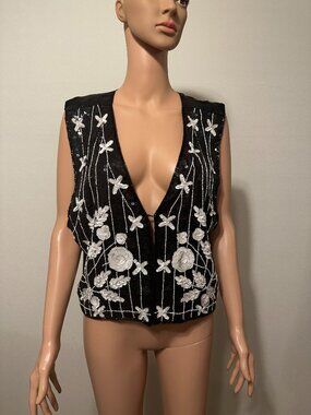NWT Vintage Black & White Sequin Beaded Vest | Floral Embroidered Evening Top
